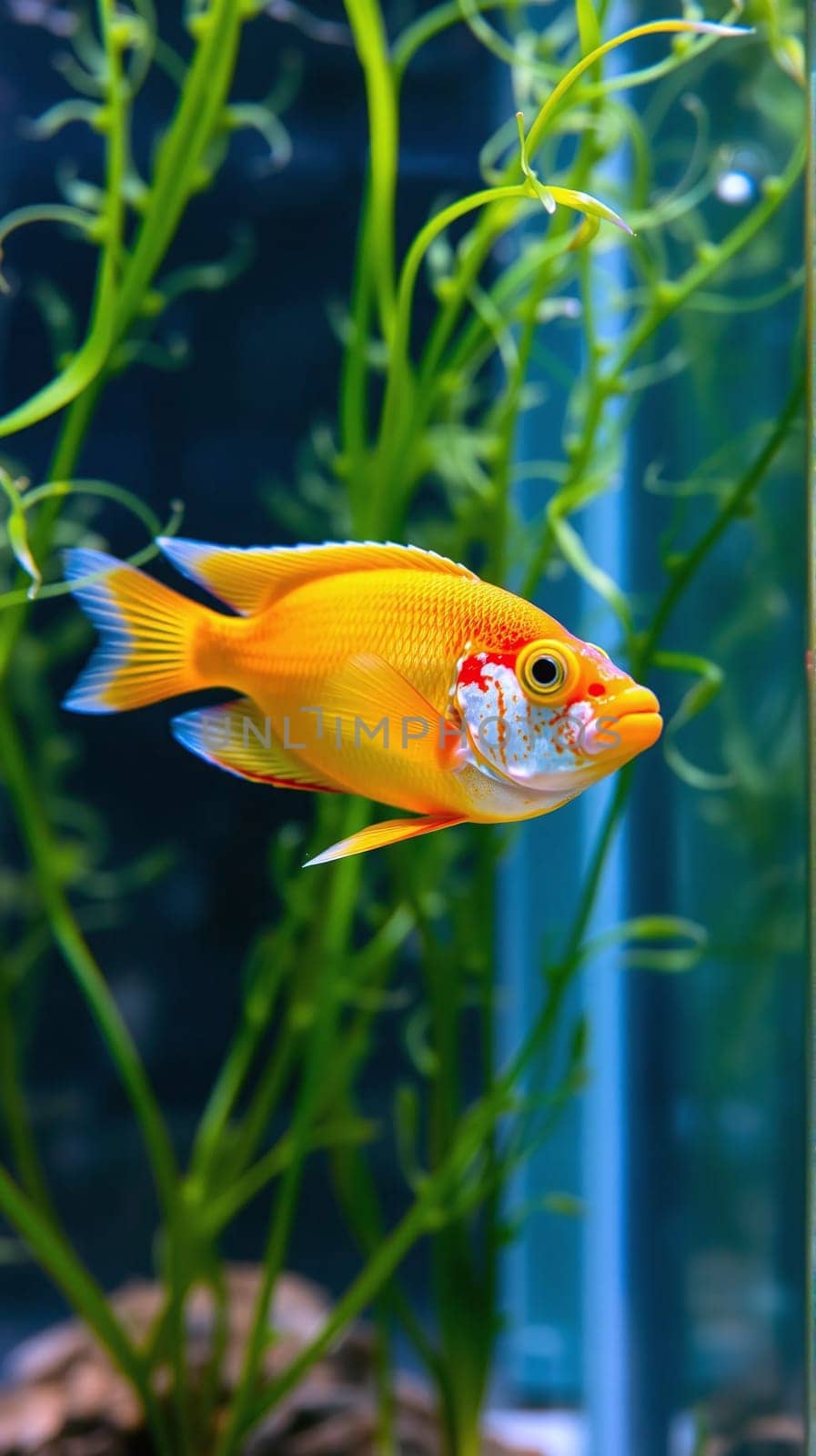 A vivid yellow fish glides peacefully through a lush freshwater aquarium, surrounded by vibrant green aquatic plants, reflecting natural beauty and tranquility.