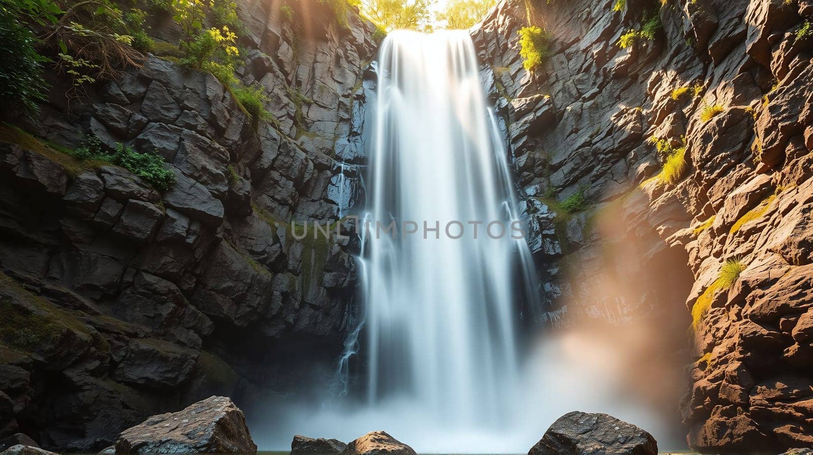 A stunning waterfall pours over dramatic rock formations, surrounded by lush greenery and illuminated by soft morning light, creating a serene atmosphere in nature.