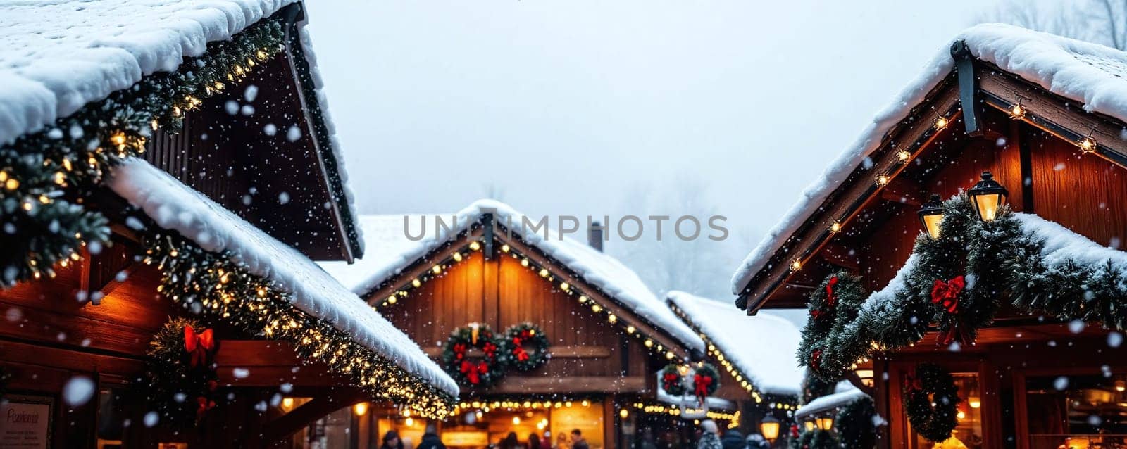 Visitors browse charming wooden stalls adorned with snow and holiday lights, creating a warm atmosphere at this winter market during a snowy evening.