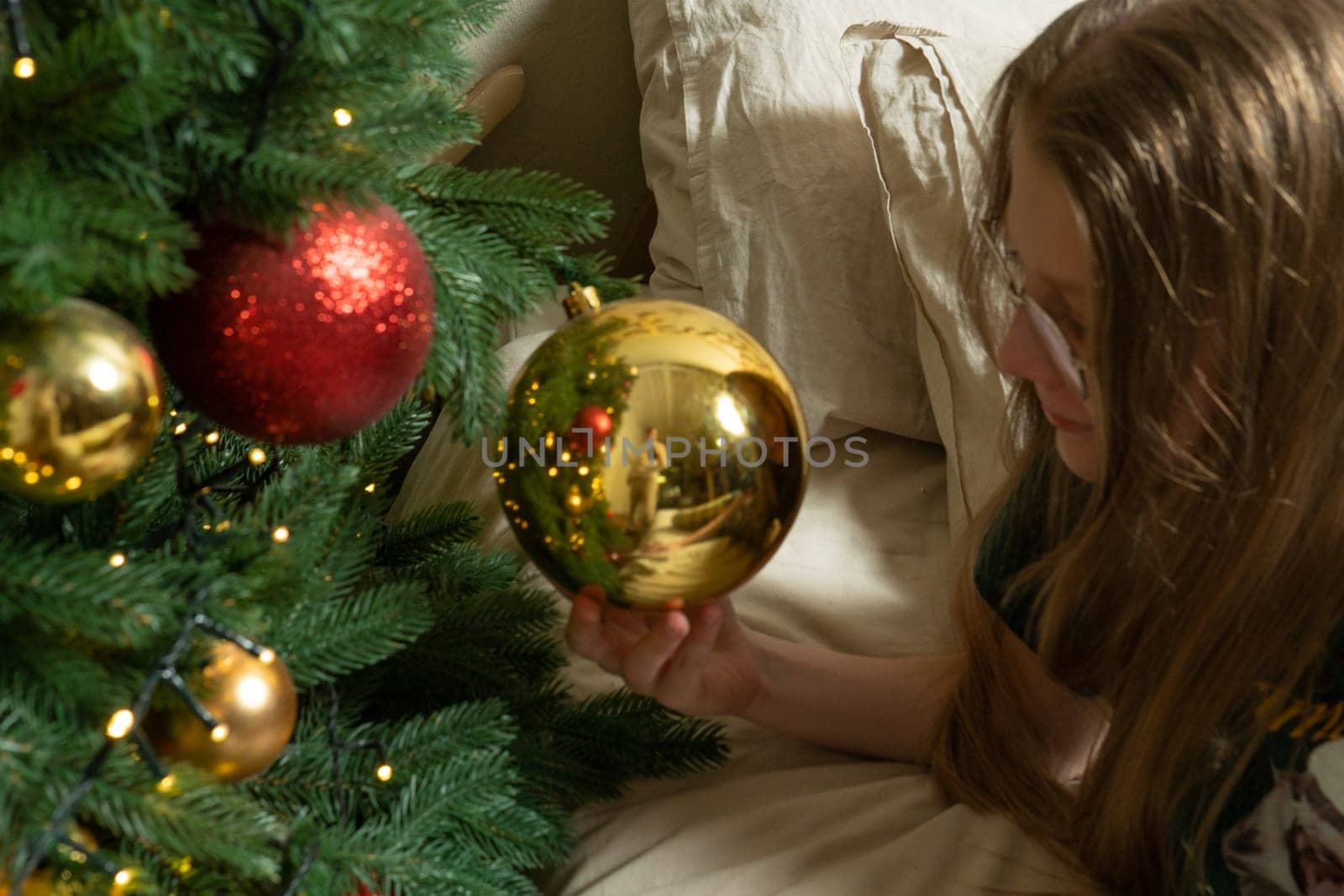 ethnicity ball girl christmas pine winter sweet daughter tree top fir merry play traditional child