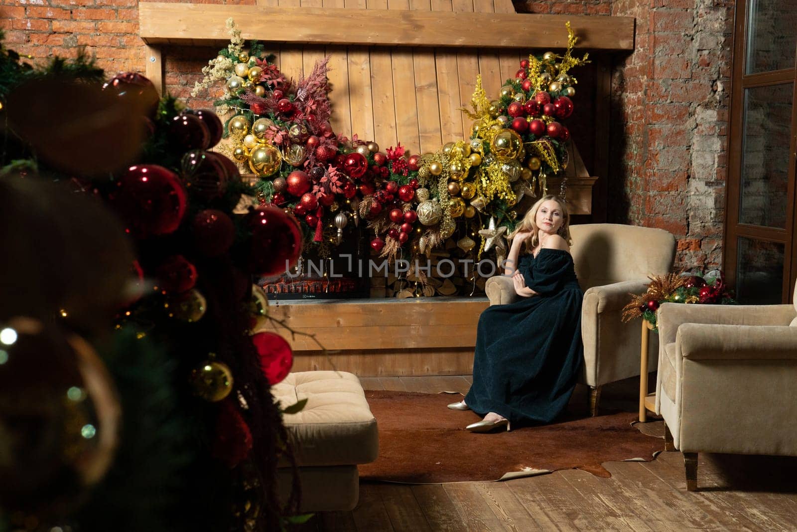 holiday year new woman young cozy celebration home tree girl christmas alone fireplace