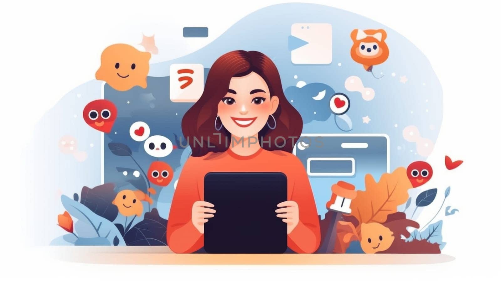 A young woman in an orange shirt sits at a desk, smiling while using a tablet. Colorful icons and emojis surround her, creating a playful and positive atmosphere against a light blue background.