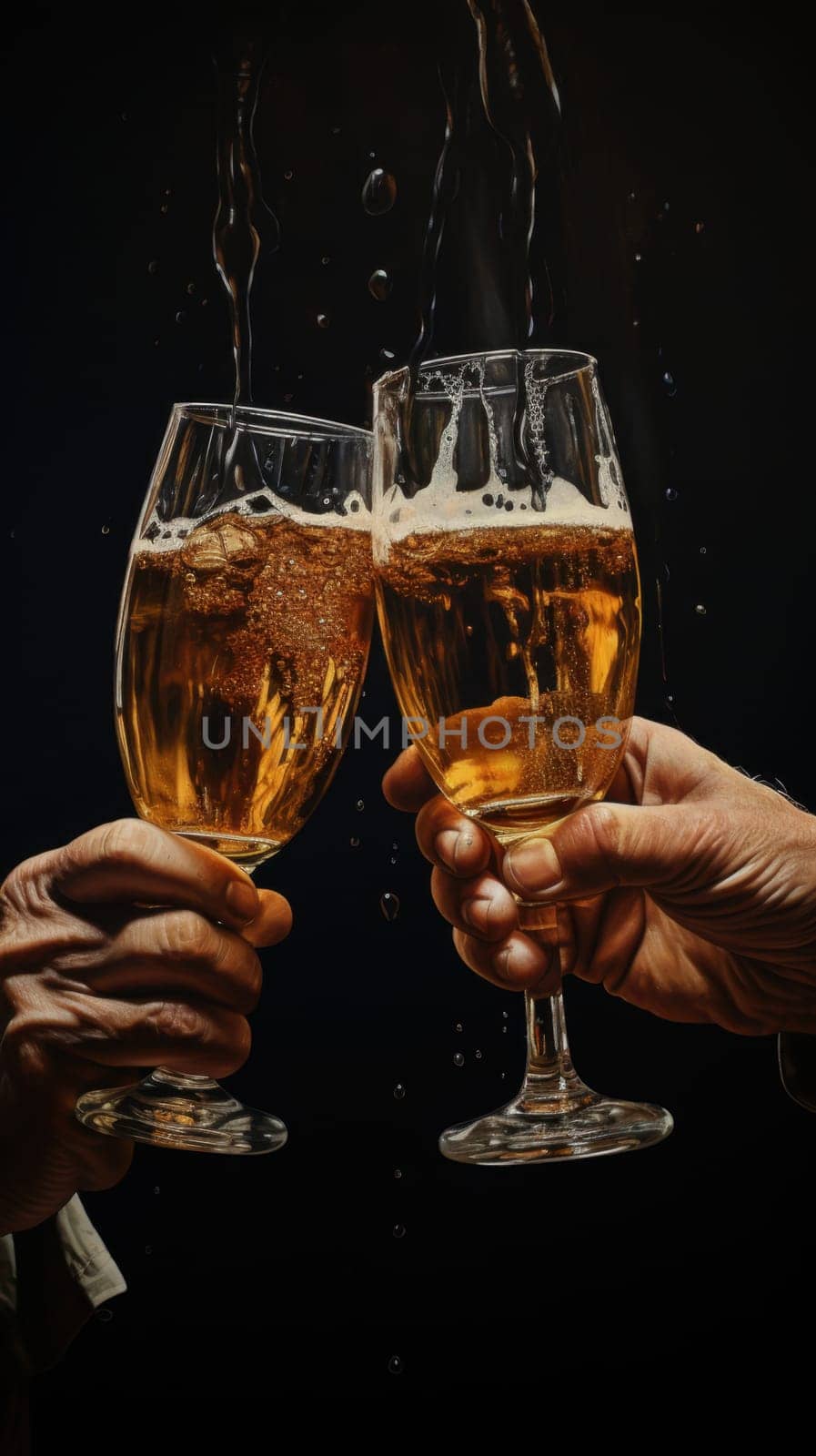 This image features two hands joyfully toasting with glasses of beer against a sleek black background, symbolizing celebration, camaraderie, and shared moments. Perfect for beer enthusiasts.