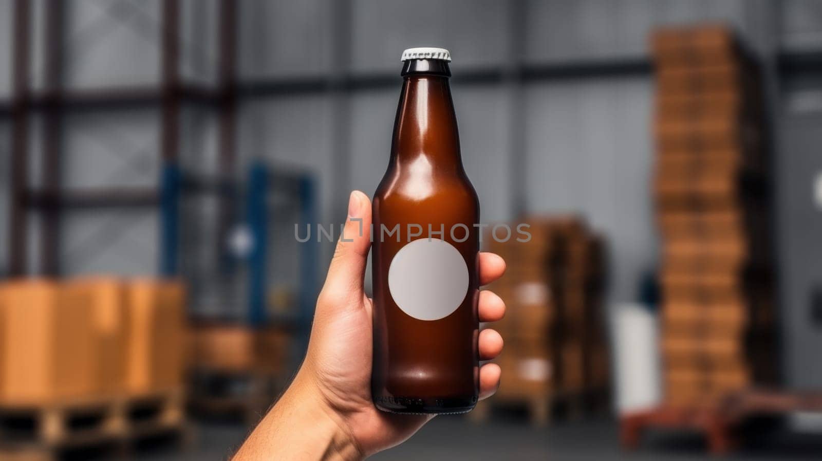 The amber beer bottle features a blank white label and is held in a persons hand. The background is a blurred warehouse filled with stacked boxes and crates, showcasing an industrial setting.