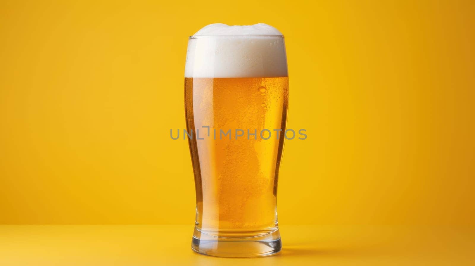 A tall glass of golden beer with a creamy, frothy head rests on a vibrant yellow background. The beer is clear, showcasing its effervescence and inviting color, perfect for a refreshing beverage.
