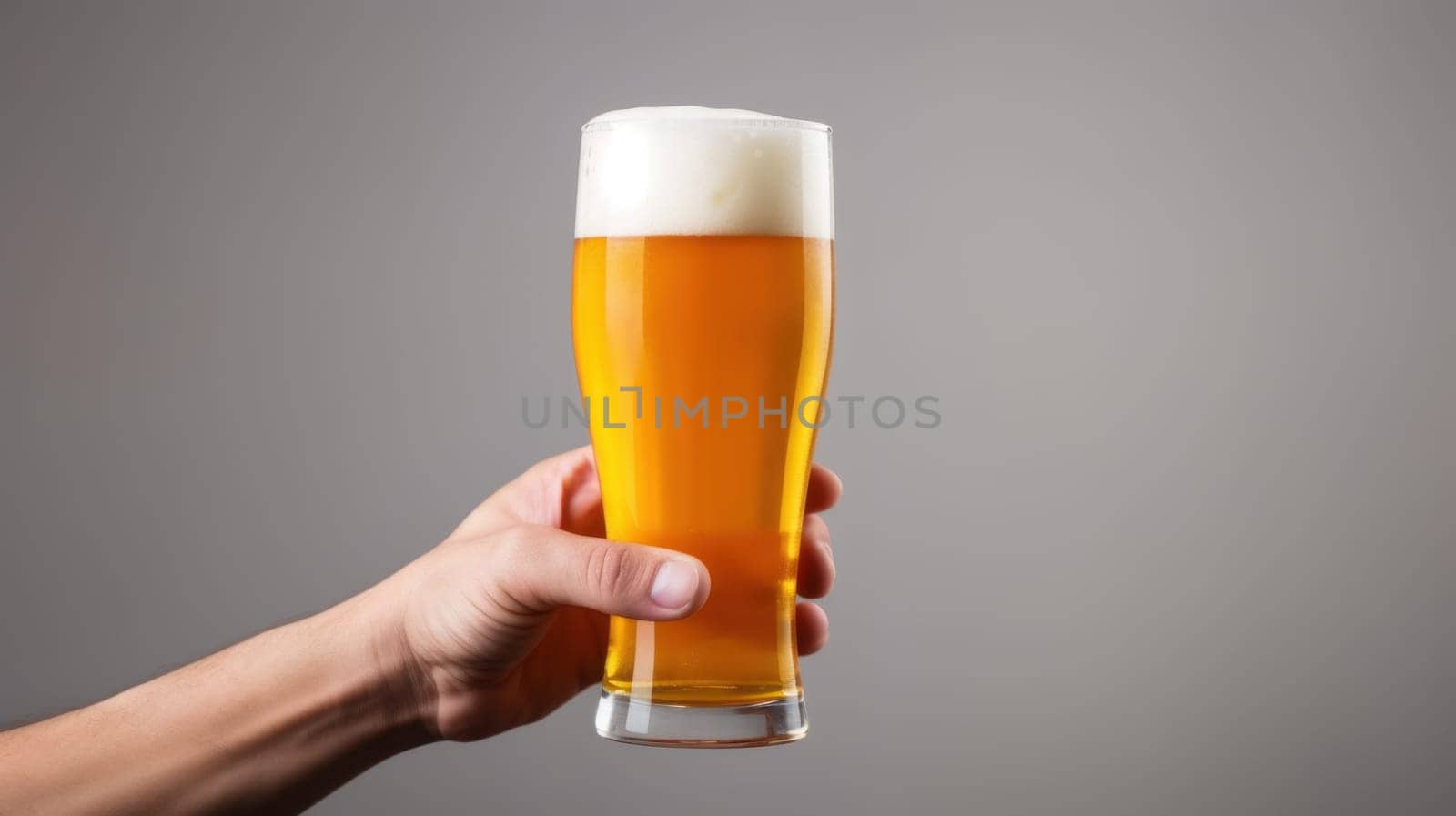 A hand elegantly holds a tall pilsner glass filled with golden beer, topped with a generous foamy head. The background is a soft gray, allowing the vibrant colors of the beer to shine.