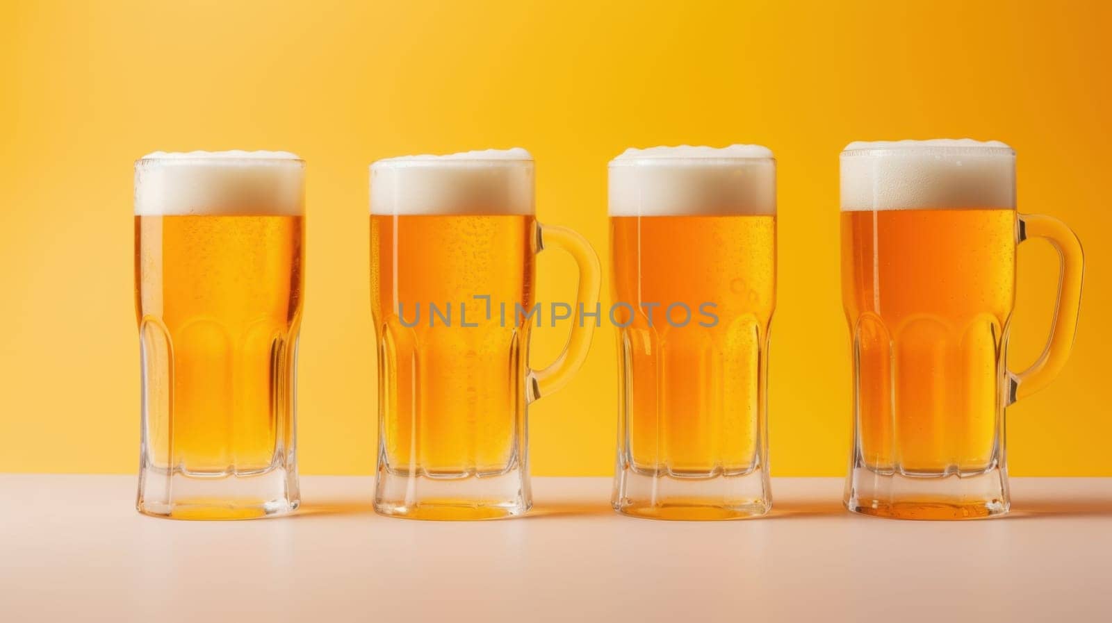 Four full mugs of beer topped with creamy white foam are neatly arranged in a row against a vibrant yellow background. This image is perfect for beer lovers and celebrations.