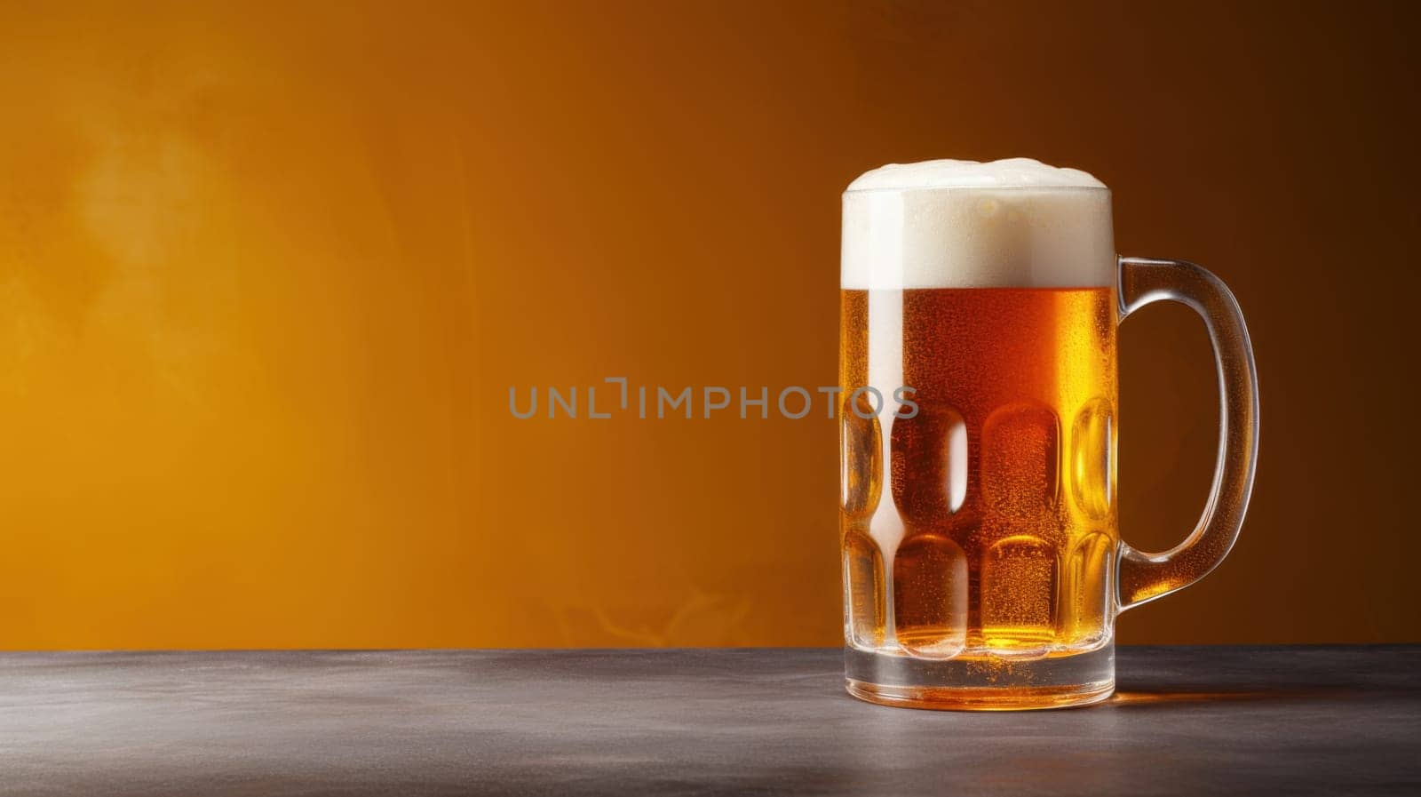 A mug of beer with a foamy head sits on a bar counter with a yellow background. The beer is amber in color and has a slight chill to it. The mug is made of glass and has a textured design.