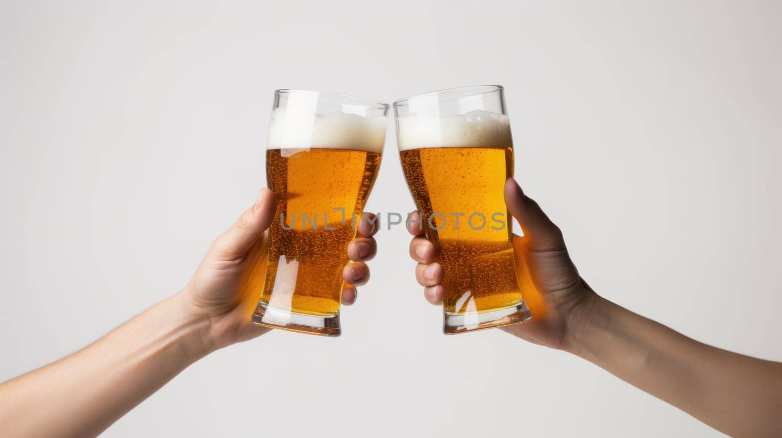 Two caucasian hands joyfully toasting with glasses full of golden beer against a clean white background. This image embodies the spirit of celebration, friendship, and enjoying alcohol responsibly.