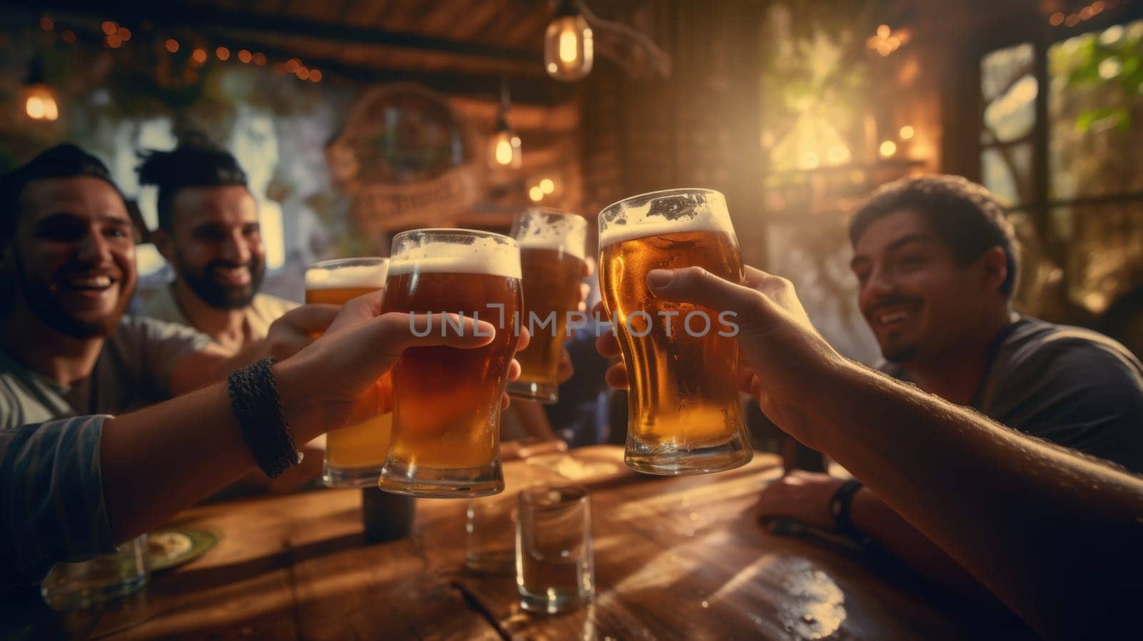 A group of diverse and happy friends hanging out, drinking beer, and enjoying each others company at a bar restaurant with a warm atmosphere lit up by string lights.