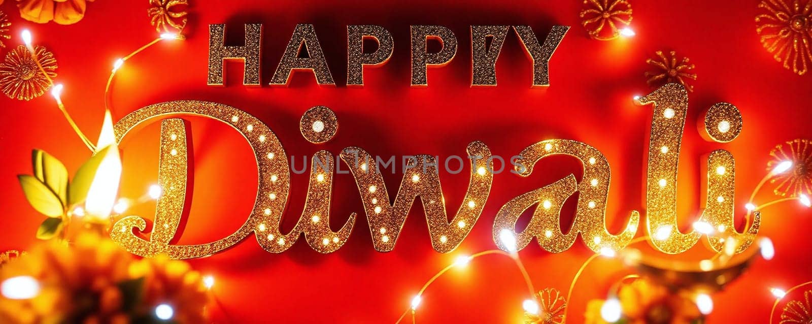A vibrant display of Diwali decorations featuring a glittering Happy Diwali sign, surrounded by colorful flowers and twinkling lights, creating a joyful atmosphere for the festival.