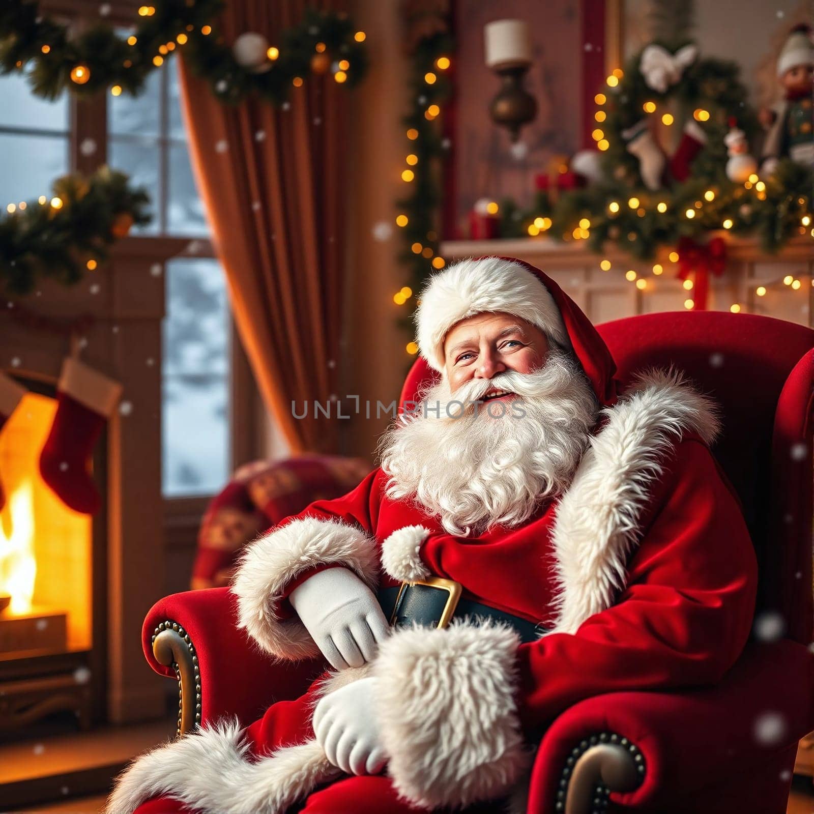 A jolly Santa Claus in a red suit sits comfortably in a plush chair, surrounded by festive decorations and a warm fireplace, embodying the spirit of Christmas joy and cheer.