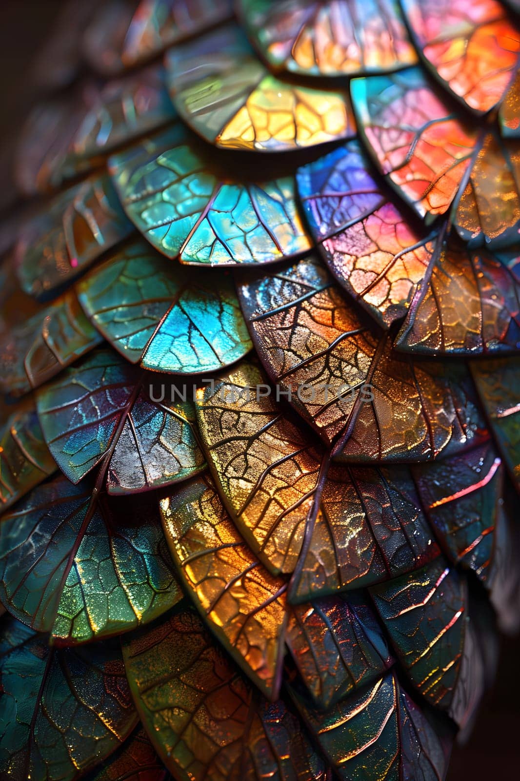 A detailed close up reveals the intricate pattern of a rainbow colored dragons scales, shimmering like stained glass with tints of water, wood, feather, and electric blue