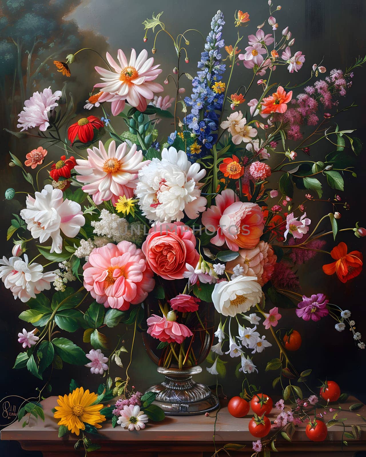A beautiful painting of a bouquet of flowers in a vase sitting on a table, showcasing the artists talent in flower arranging and creative arts