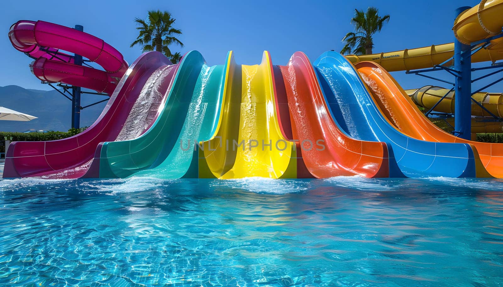 Enjoy a row of colorful aqua chutes in the azure pool, surrounded by blue skies and lush trees. A playful aquatic playground for leisure and fun