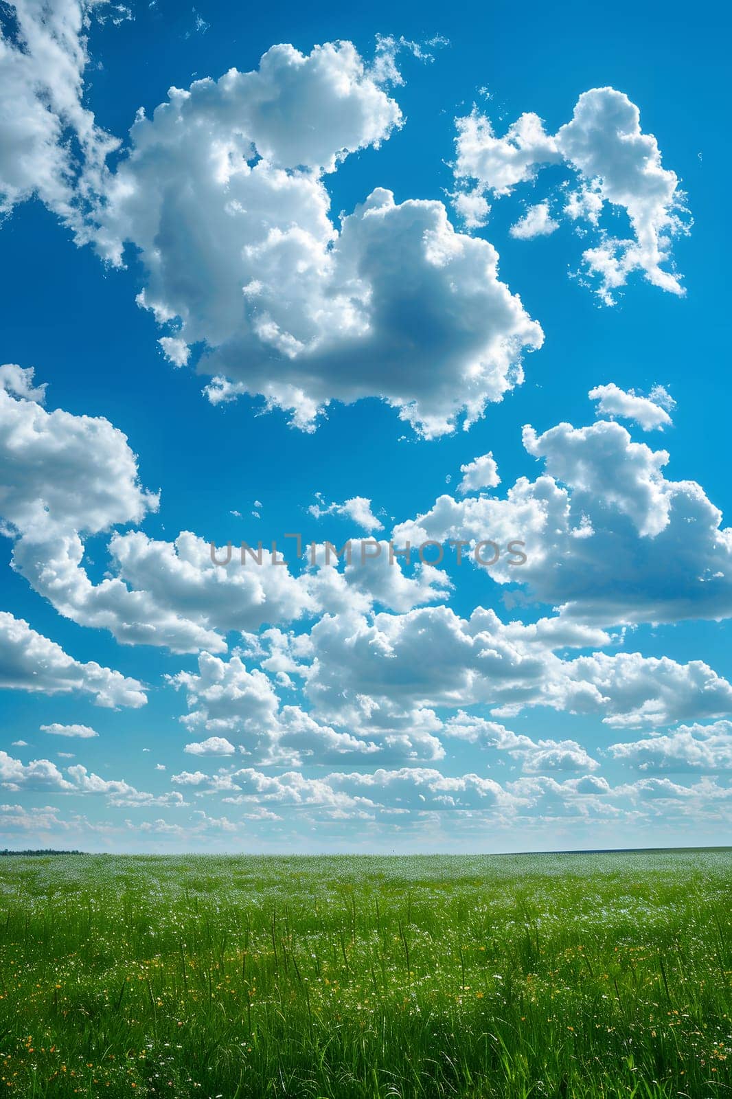 A vast expanse of green grass stretches out beneath a clear blue sky adorned with fluffy white clouds, creating a calming natural landscape