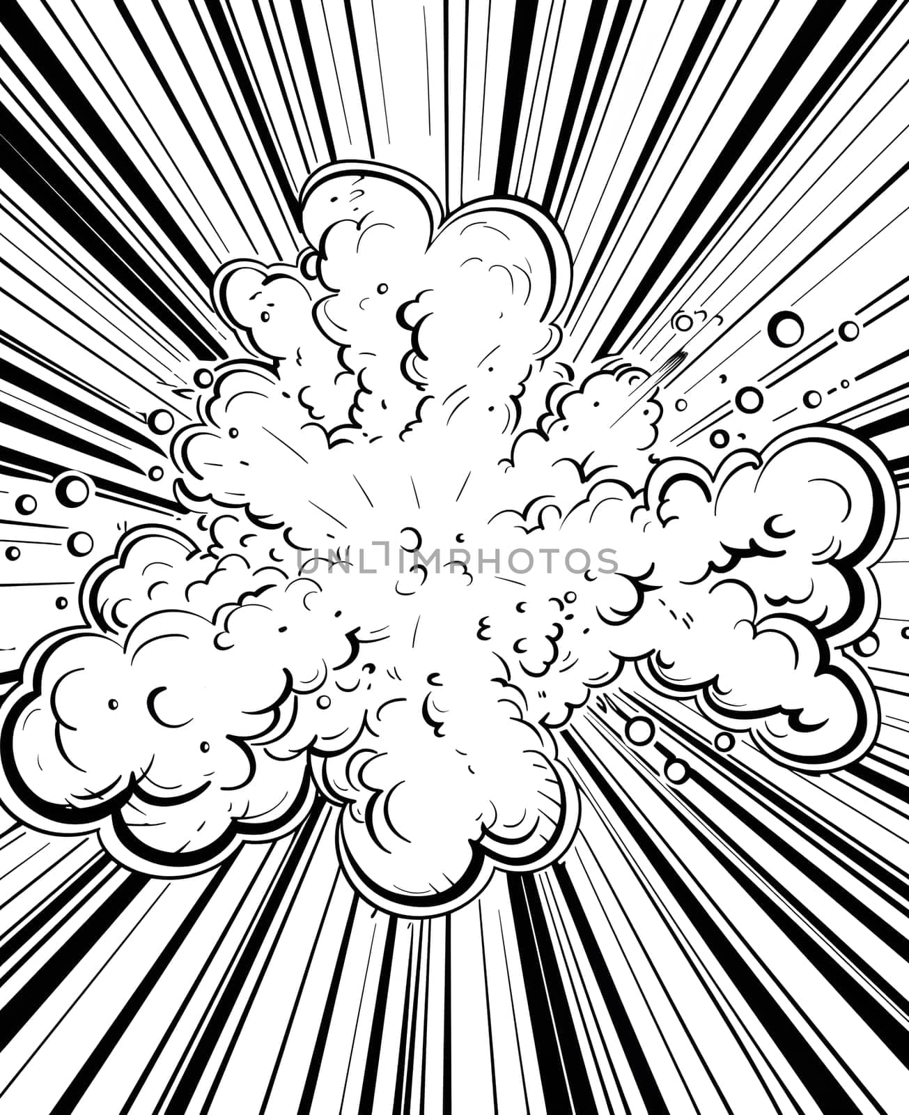 The explosion is depicted dynamically, with comicstyle clouds and radiating lines