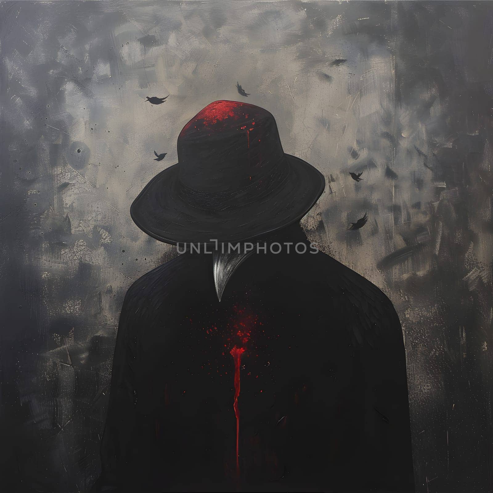 A shadowy figure is featured in a black coat and red hat set against a moody background