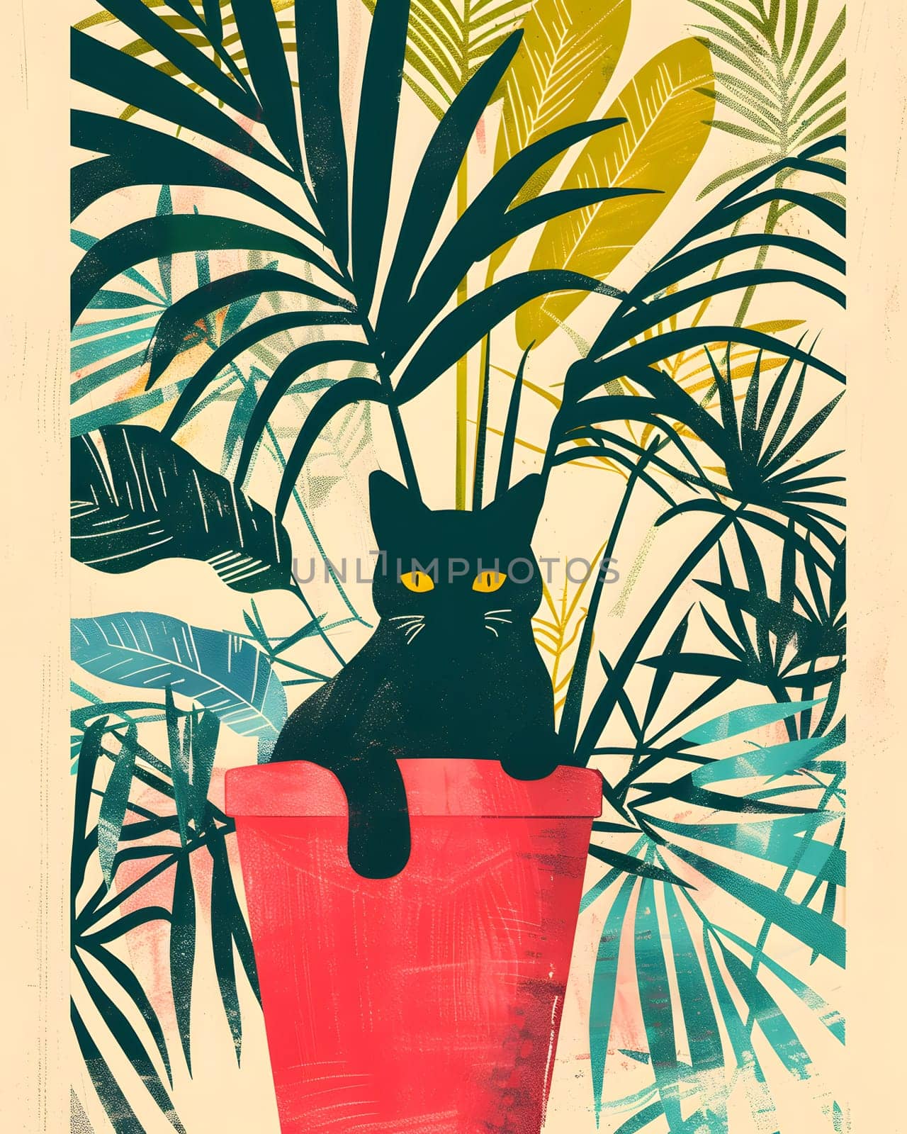 In a botanical garden, a cute black cat is lounging in a flower pot among greenery