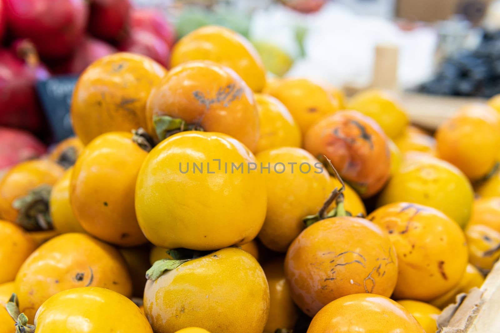 organic green juicy raw fruit vegetarian persimmon harvest food health market fresh vegetable