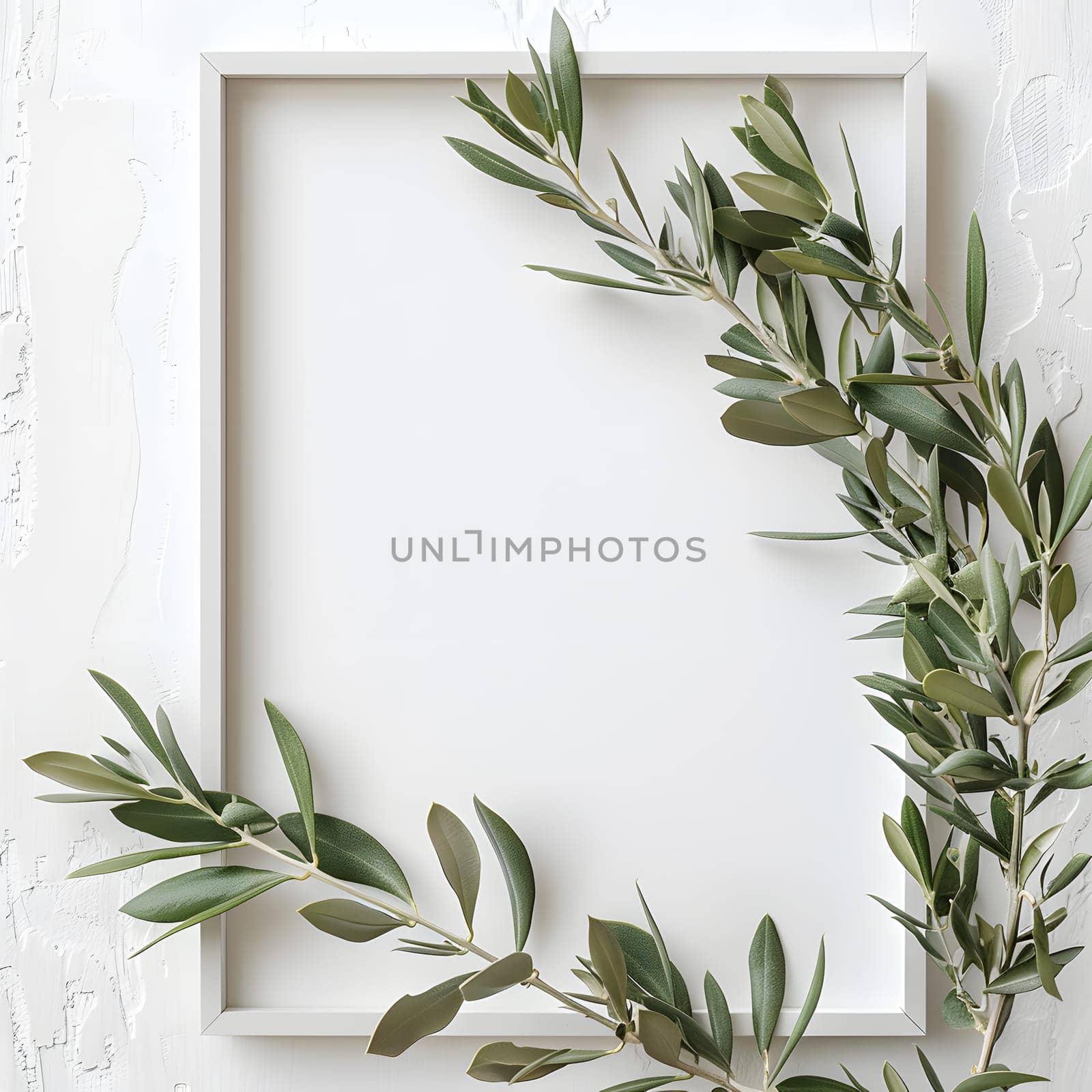 A rectangular white frame adorned with green leaves, representing a terrestrial plant. The design includes branches and twigs, typical of an evergreen shrub or tree