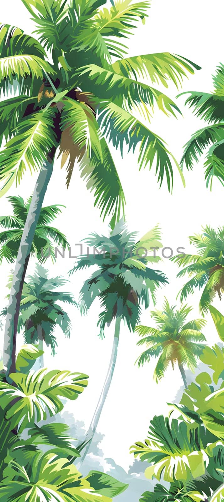 A serene landscape painting featuring palm trees against a white background, capturing the beauty of a natural jungle setting
