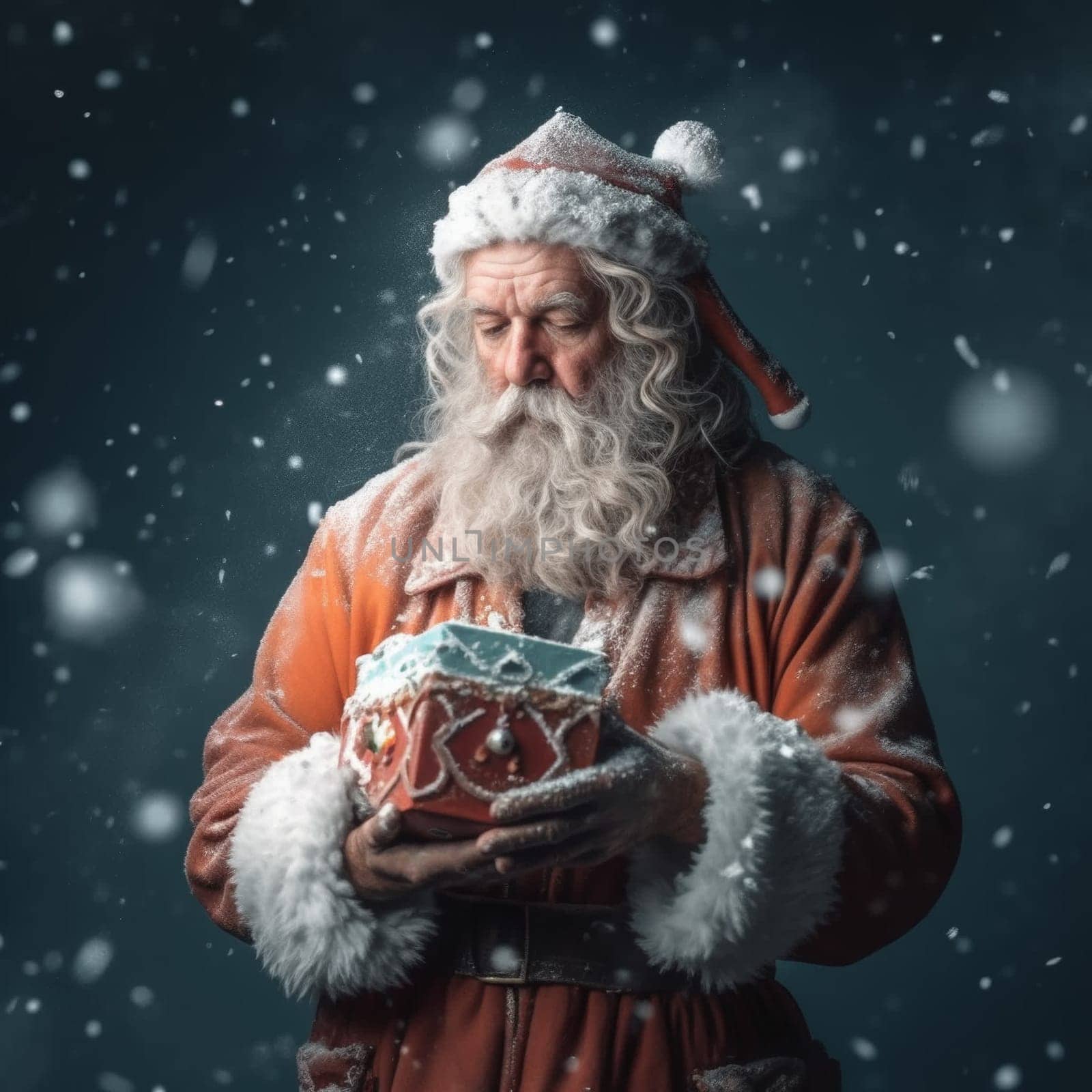 Cheerful santa claus with a gift in his hands.