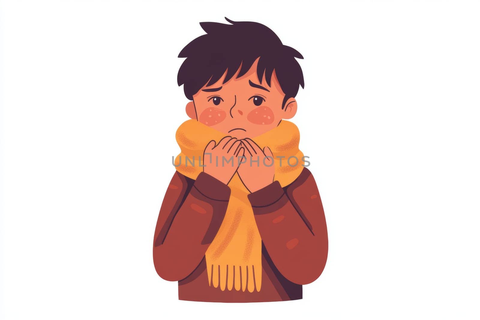 The sad man is dressed in warm clothes and a woolen scarf. A man has a cold, experiences autumn depression, and is depressed. High quality photo