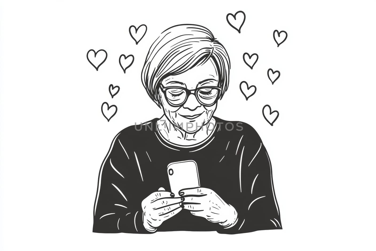 An elderly woman with a phone in her hands on a white background. High quality photo