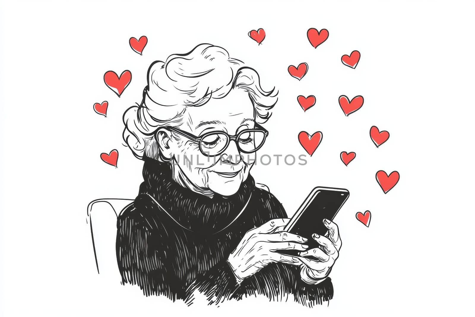 An elderly woman with a phone in her hands on a white background. High quality photo