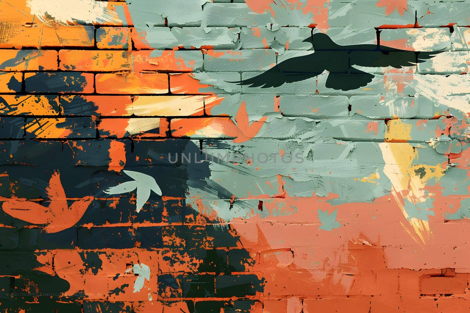 A vibrant mural depicts birds in motion against a colorful brick wall backdrop