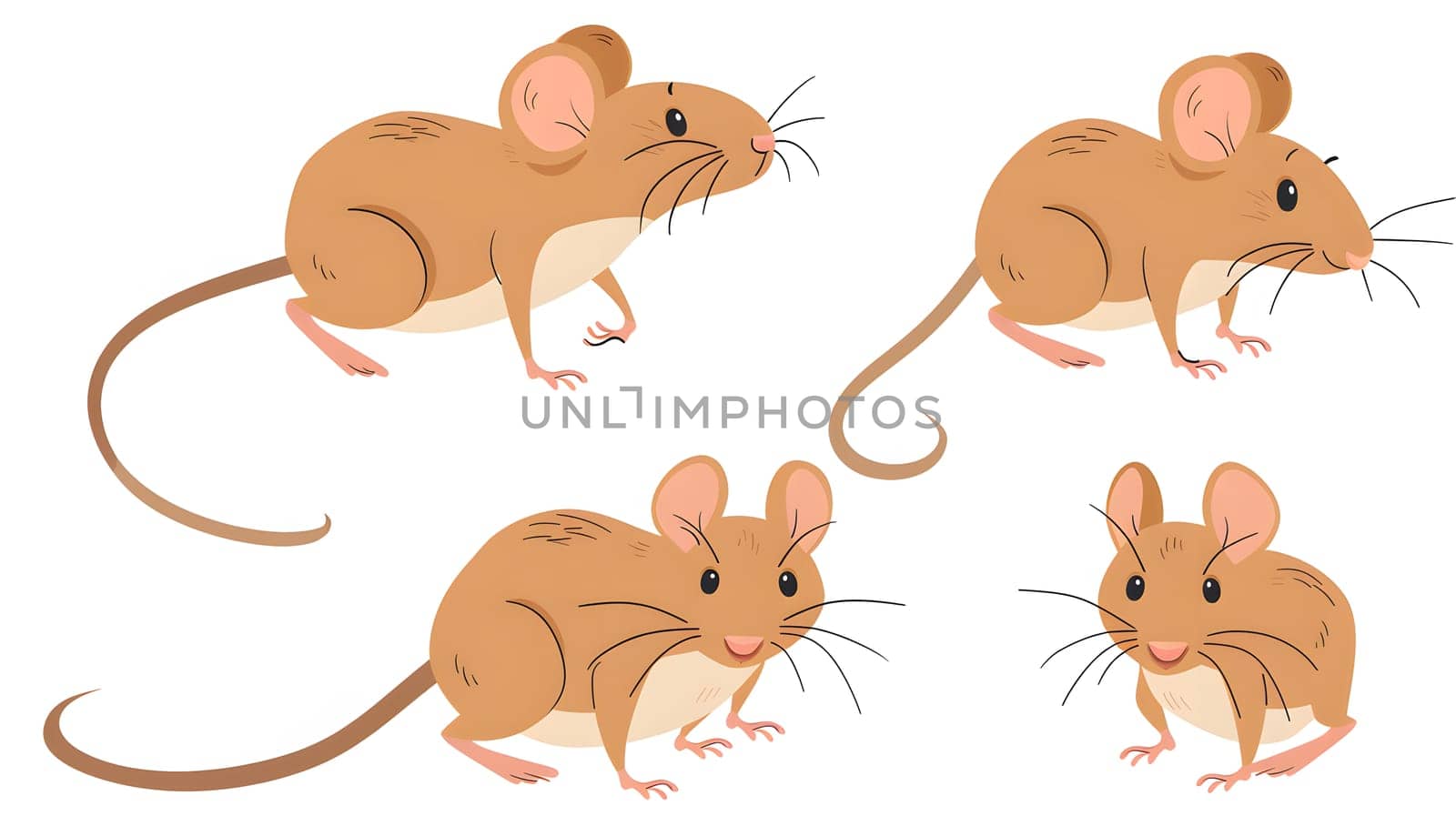Adorable small creatures with round ears and whiskers, showing various postures