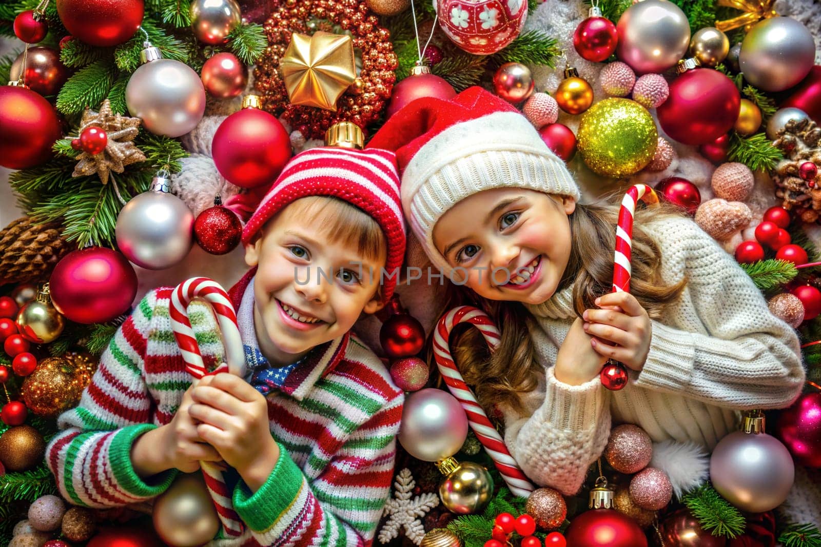 Happy little children with candy canes on under Christmas tree and decorations. Ai generated