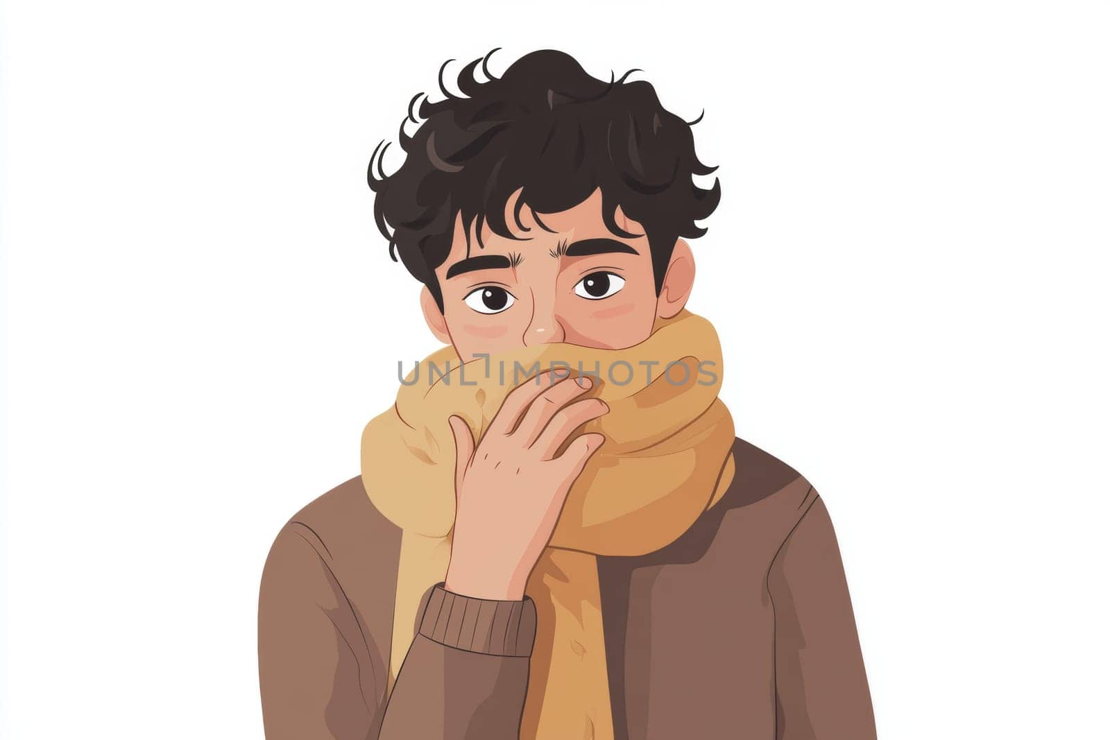 The sad man is dressed in warm clothes and a woolen scarf. A man has a cold, experiences autumn depression, and is depressed. High quality photo