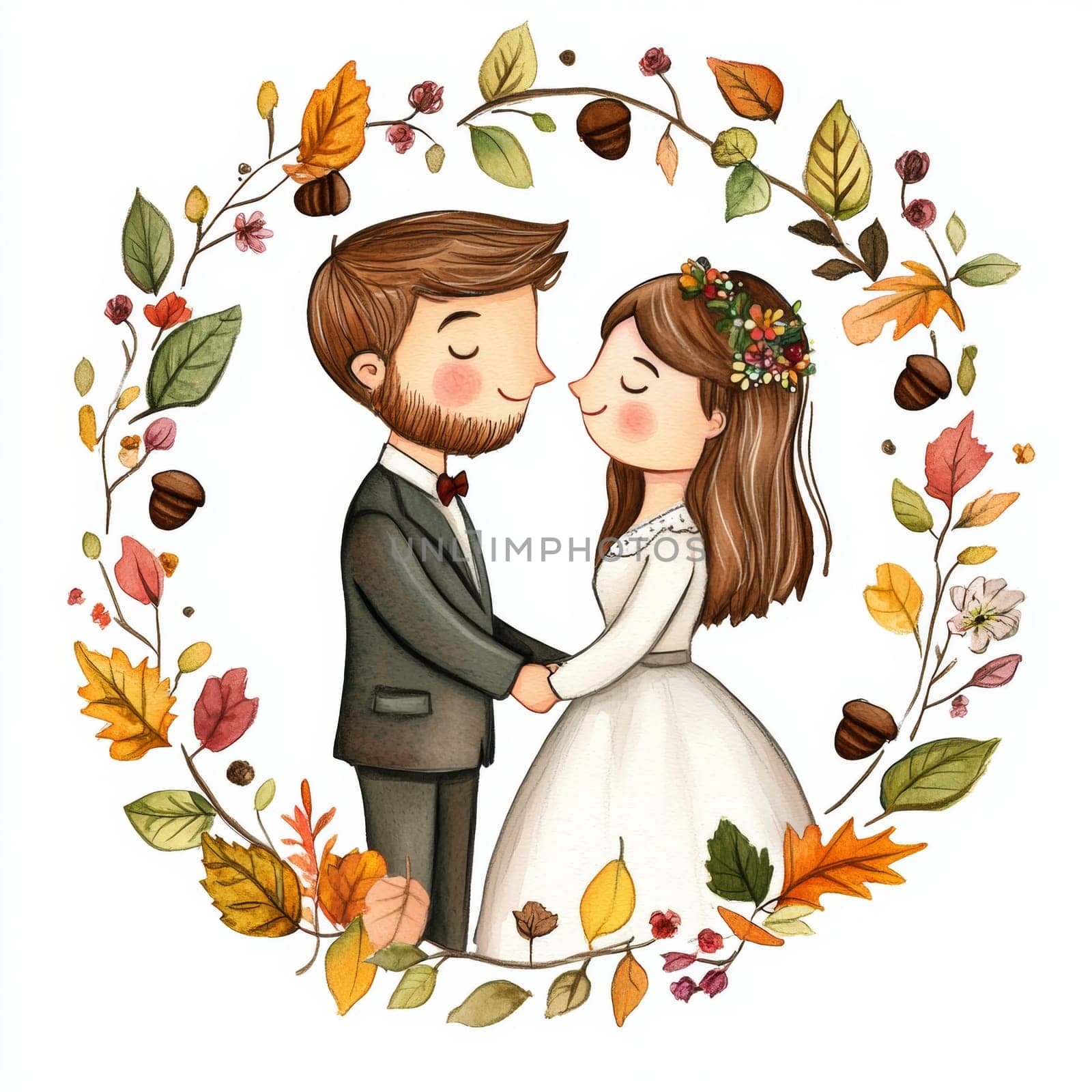 An image of a bride and groom in wedding attire, looking at each other. They are surrounded by flowers. High quality photo