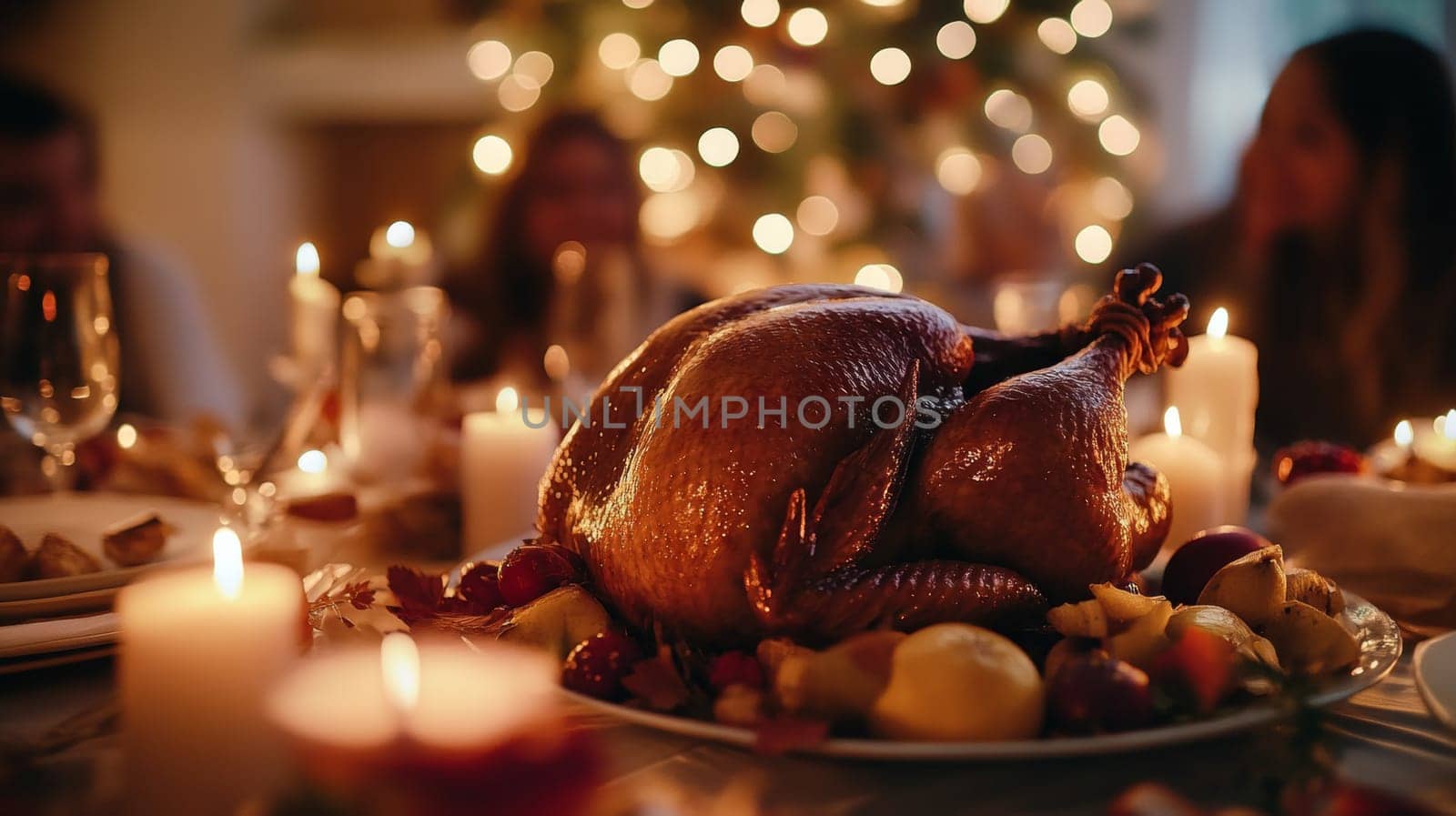 Festive dinner. On the table is a traditional dish - roast turkey. High quality photo