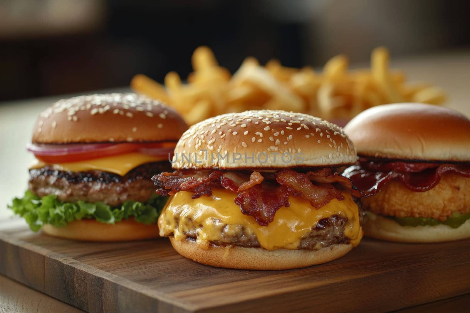 Three juicy tasty hamburgers lie on a wooden table in a bar or cafe. High quality photo