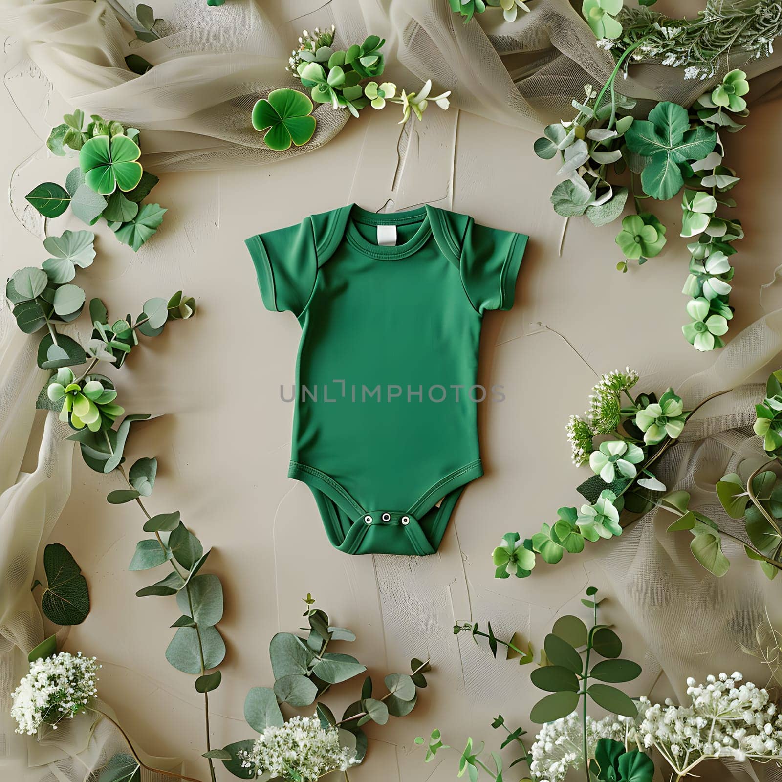 A green baby onesie adorned with green flowers and leaves, inspired by natures beauty. The design includes branches, twigs, and herbs, creating a seamless blend of natural materials