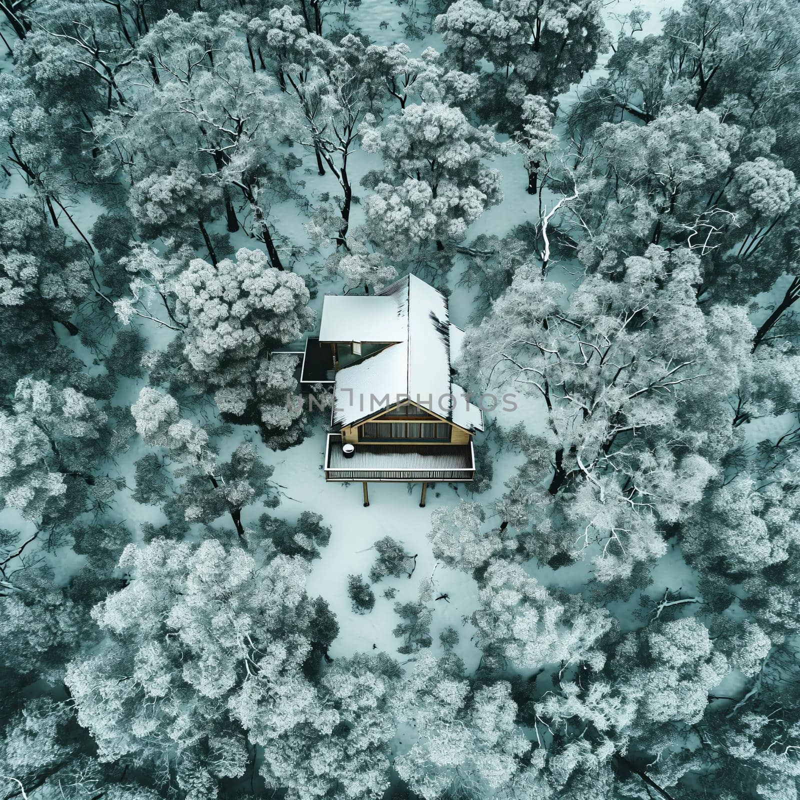 Photo from a drone or helicopter of a house in the middle of a winter forest. High quality photo