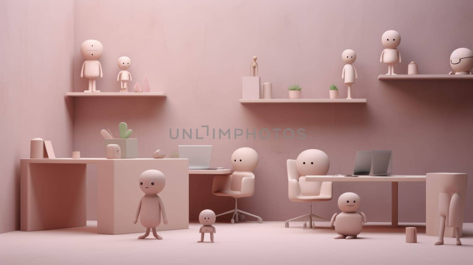 This image features a 3D rendering of a modern workplace with abstract, faceless characters engaged in diverse activities, creating a clean, playful, and contemporary aesthetic.