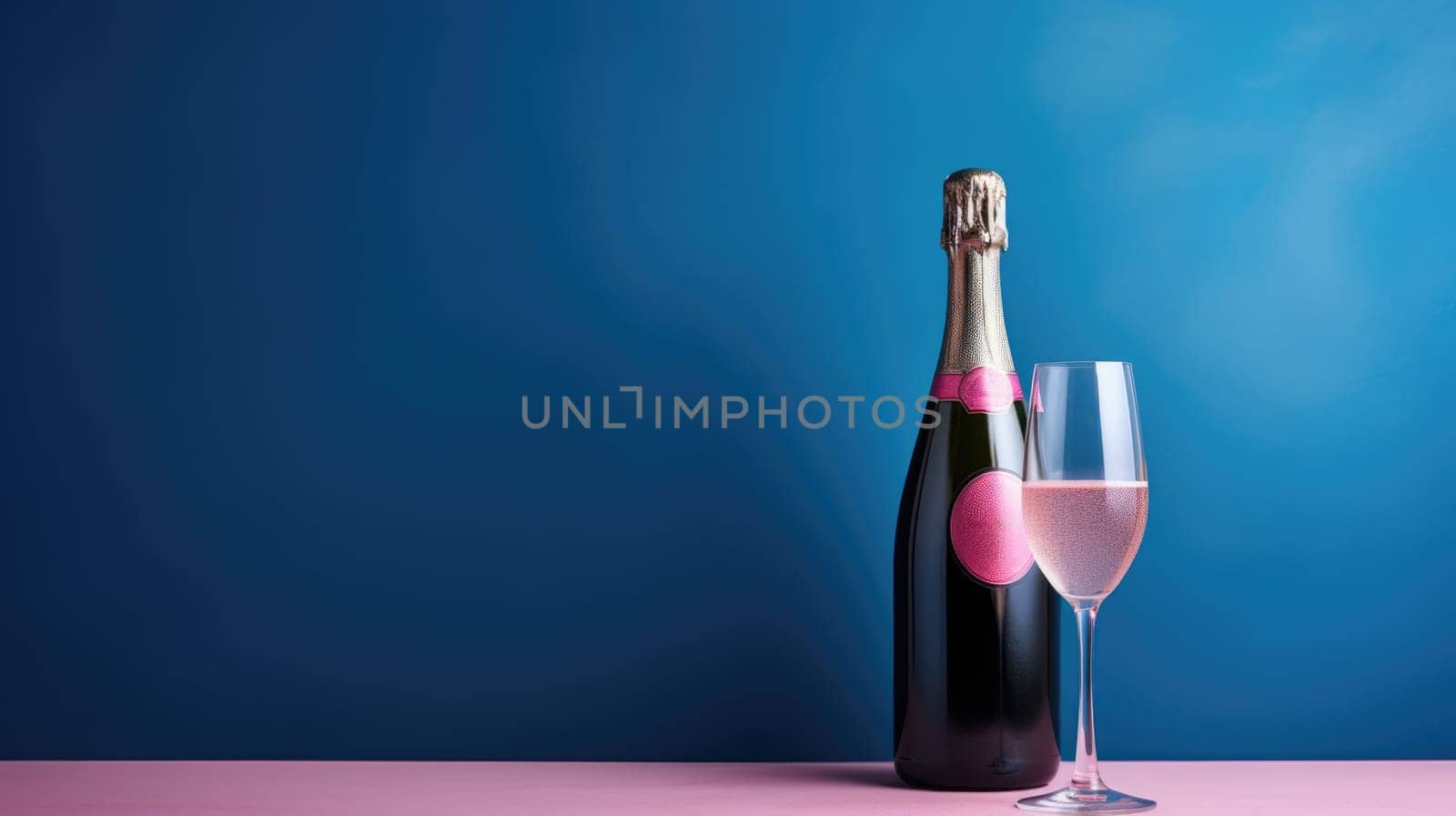Blue wine bottle and glass on a pink table with a blue background. Mockup design.