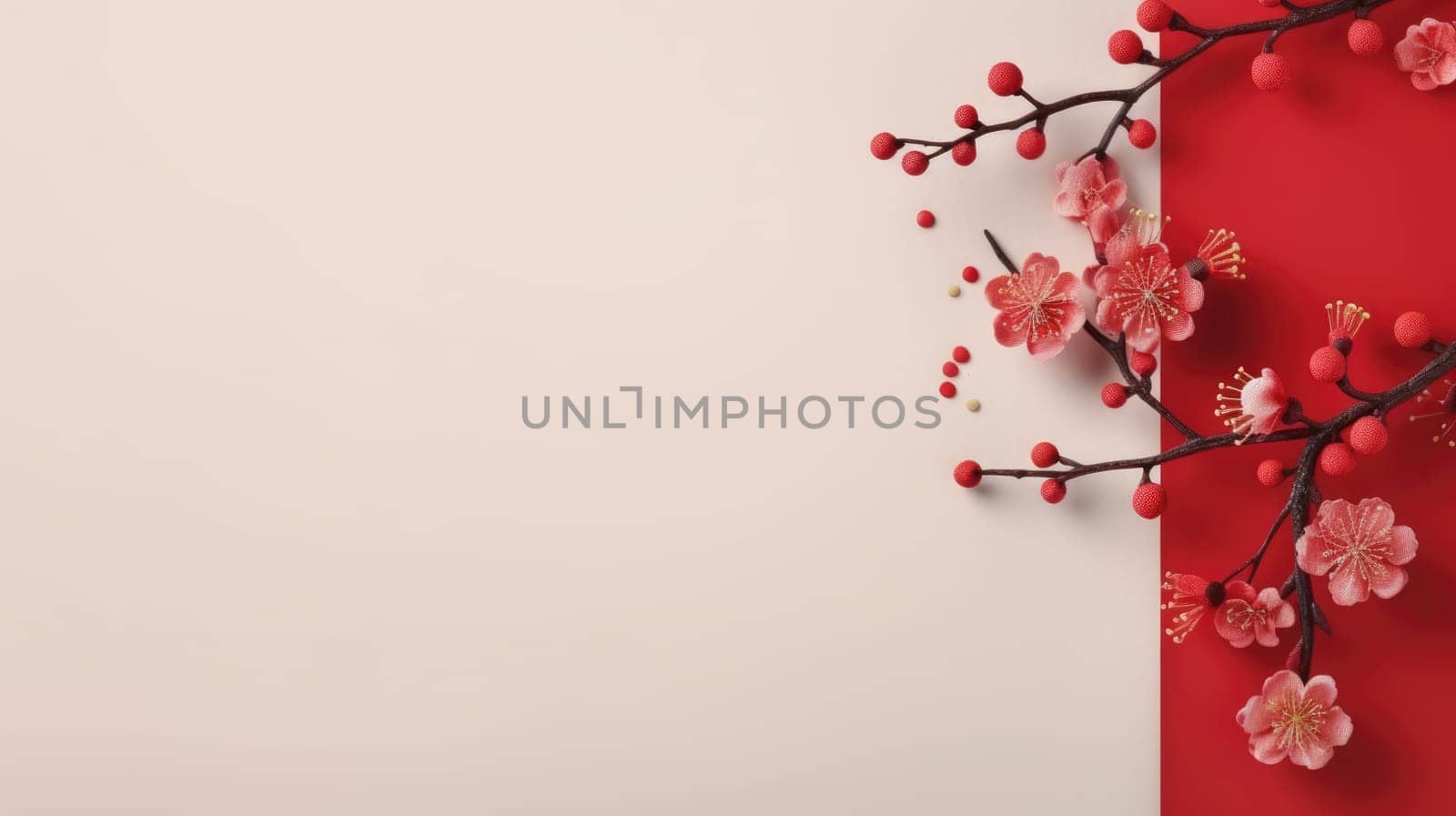 This image features a close-up of delicate red plum blossoms on a vibrant red background, creating a striking visual perfect for Chinese New Year themes and festive celebrations.