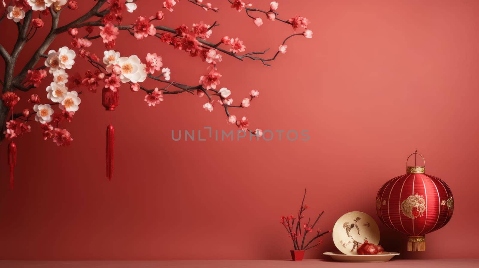 This stock image features an arrangement of delicate pink and white paper flowers against a vibrant red background. The contrast creates a striking and dreamy aesthetic, perfect for design projects.