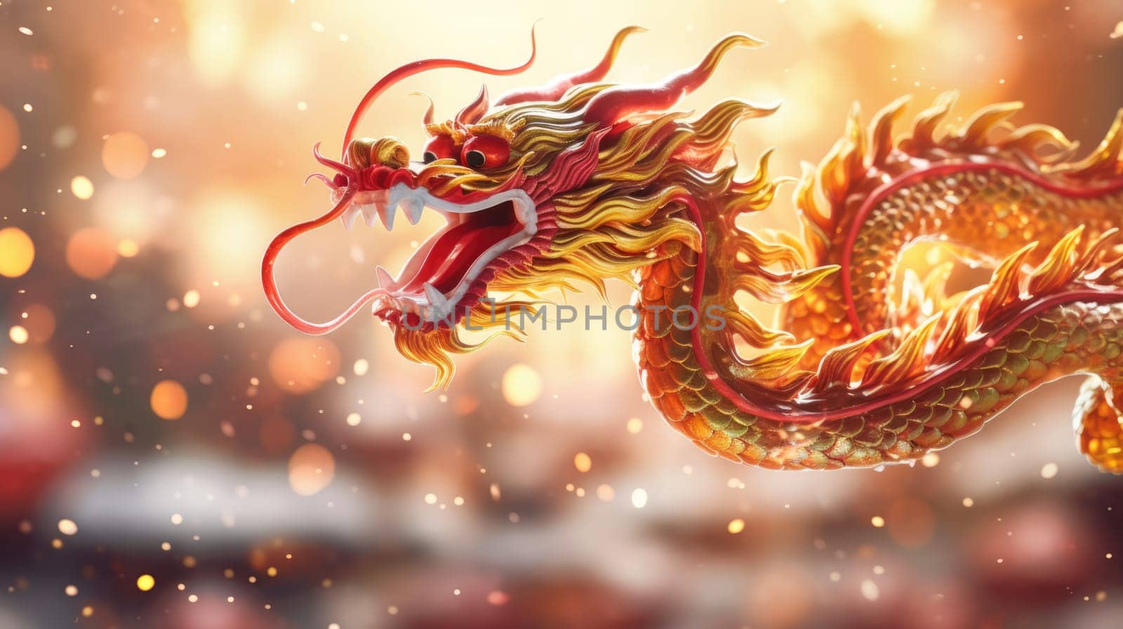 This stunning dragon faces the viewer, mouth open and claws outstretched, surrounded by a warm orange glow that enhances its majestic appearance and mythical essence.