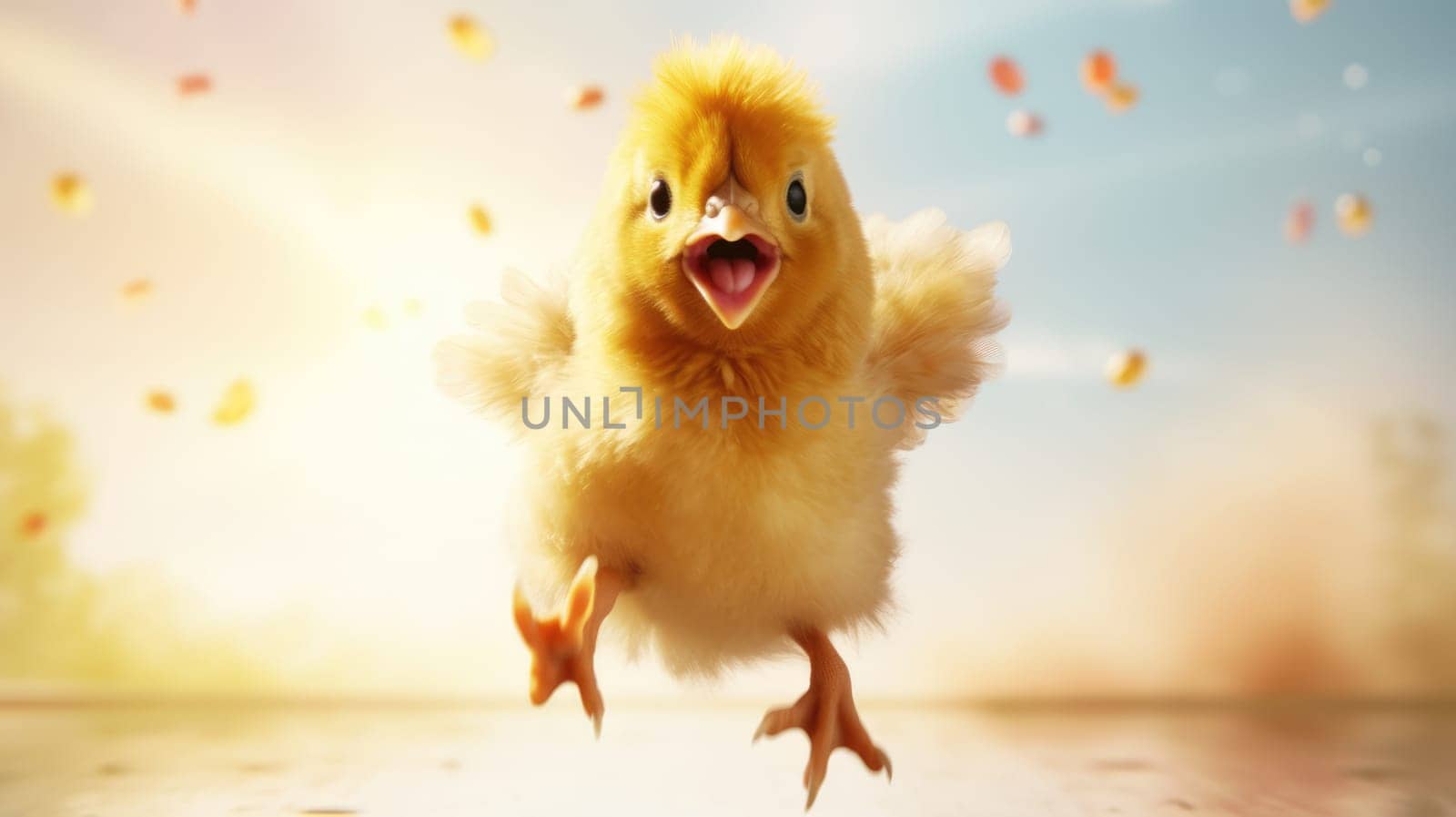 Vibrant chicken flying with colorful rainbow feathers in the sky on bright background.