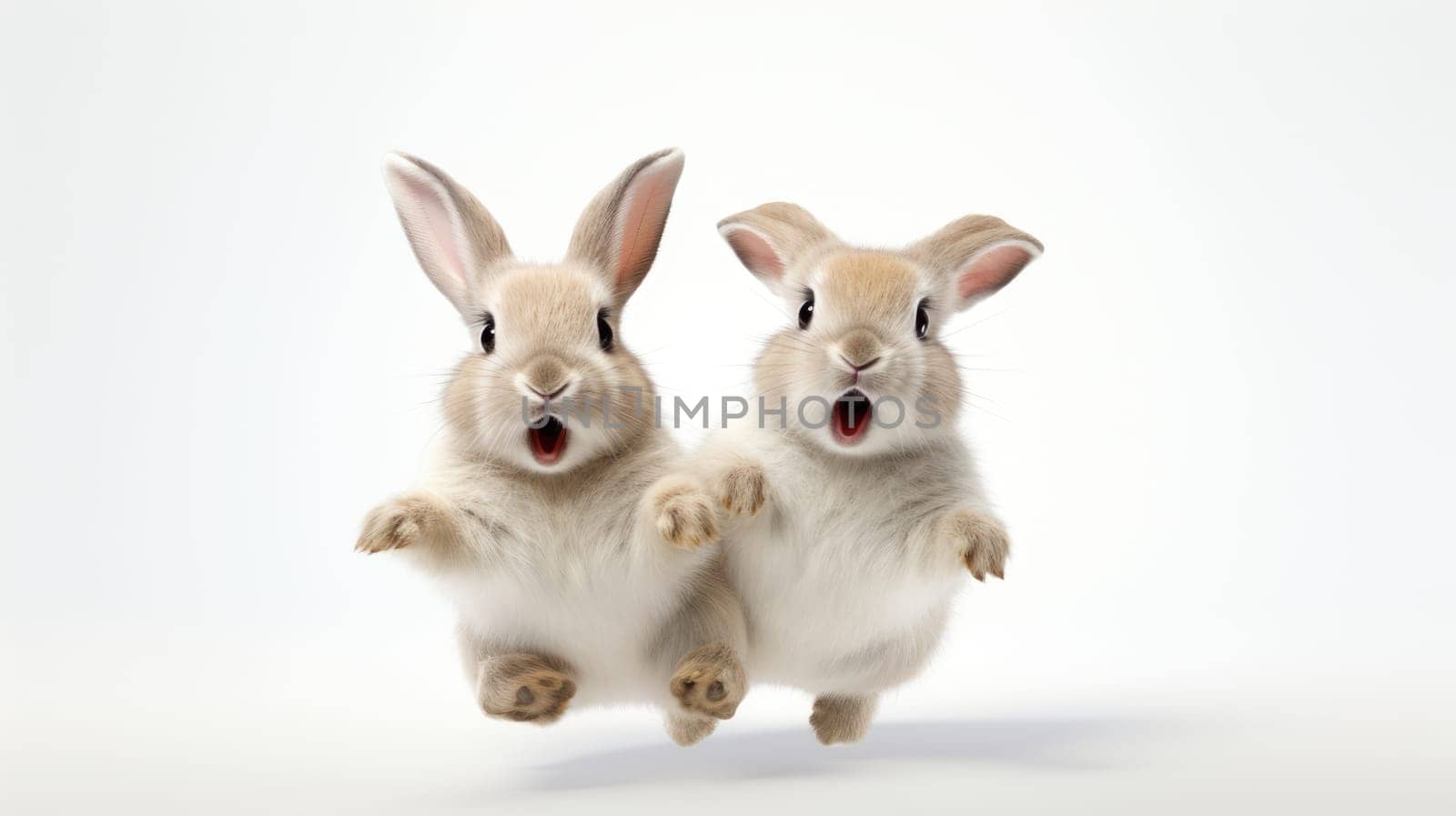 Adorable fluffy rabbits with perky ears hopping on white background.