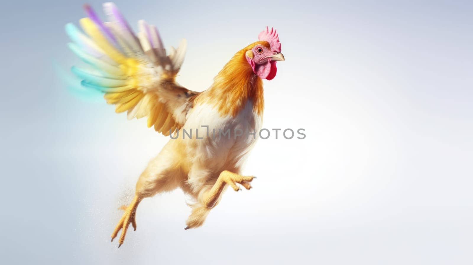 Vibrant chicken flying with colorful rainbow feathers in the sky on bright background.