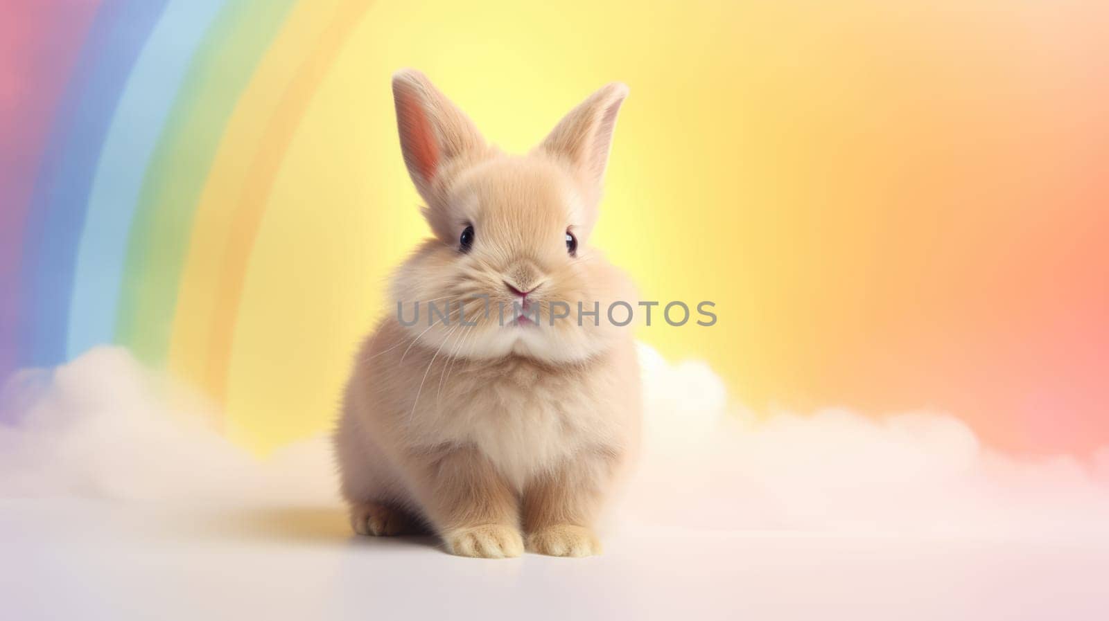 A fluffy white bunny joyfully leaps on white clouds under the bright sun, capturing natures beauty and the bunnys innocence, bringing joy and wonder.