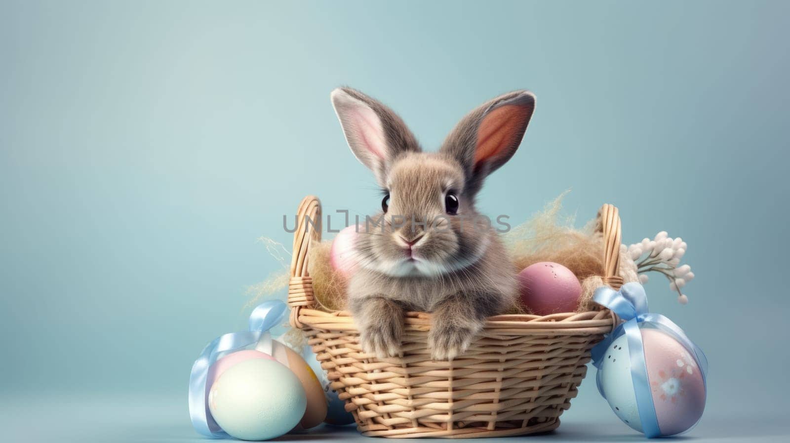 A fluffy white rabbit with long ears in a basket surrounded by Easter eggs on a blue background. Curious expression, vibrant colors. Ideal for Easter or spring projects.