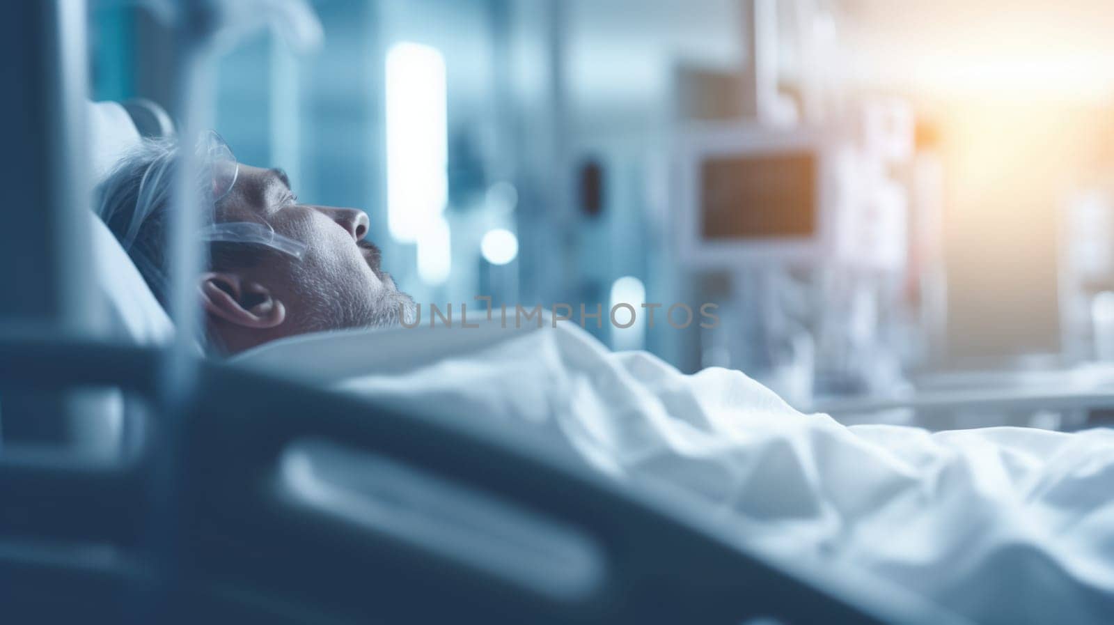 Bearded man sleeping in a hospital bed with an oxygen mask on his face.